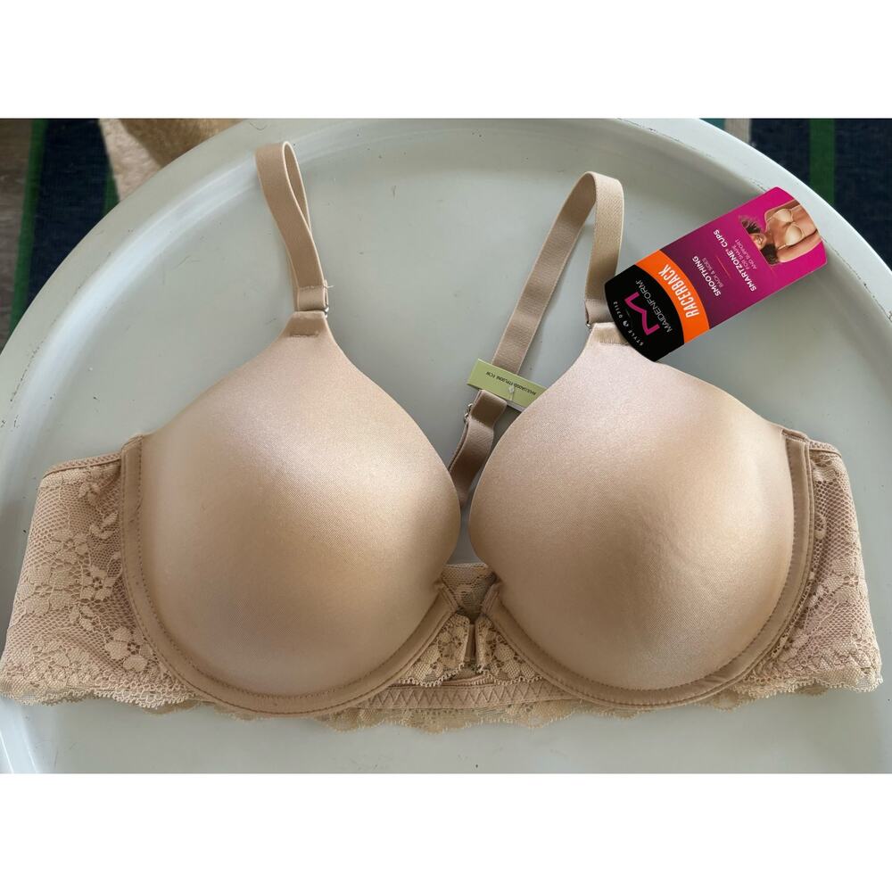 MAIDENFORM Fab Fit Lace Racerback Underwire Front Close Bra Latte Lift Size 38 B